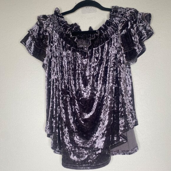 Umgee Top Womens S Purple Crushed Velvet Off-Shoulder Riffle‎ Sleeves Popover - Picture 1 of 10